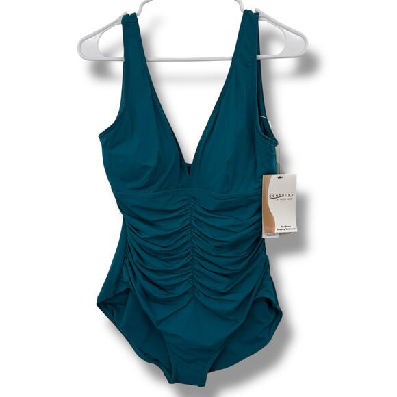 NEW Contours Coco Reef One Piece Swimsuit Size 14 Bra Size 38C Blue Teal Ruched - Picture 1 of 6
